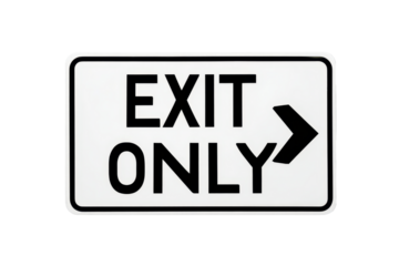 Rectangular road sign with rounded corners reading EXIT ONLY, bold black right-pointing arrow, and high-contrast traffic signage design isolated on transparent background.
