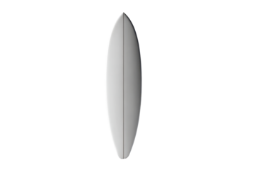 Tall surfboard standing upright with a long narrow shape, rounded nose, smooth fiberglass contours, and subtle fin-area detailing isolated on transparent background.
