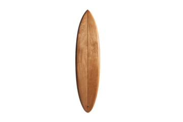Tall surfboard standing upright with a long narrow shape, rounded nose, smooth fiberglass contours, and subtle fin-area detailing isolated on transparent background.

