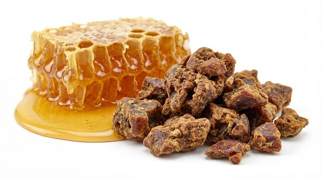 Heap of bee propolis granules with fresh honeycomb and honey pool isolated on white background macro