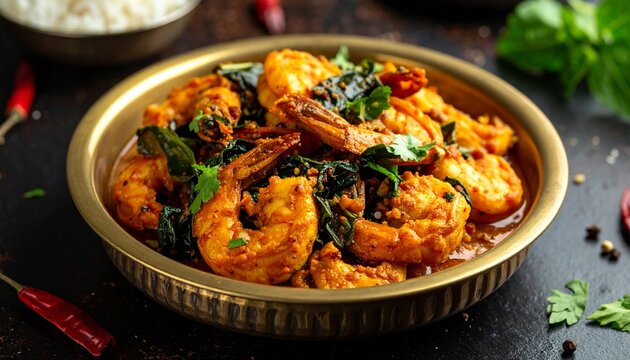Andhra Gongura Prawns Fry. Traditional Indian Food