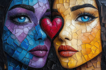women with colorful face mosaics.