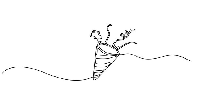 Holiday Party Line Drawing & Ink Splatter Animation video, Party popper in continuous line drawing. Celebration-themed illustration on a white background 4k animation.