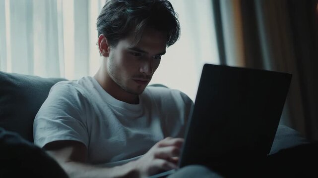 A young man is sitting on a couch with a laptop computer, deeply engrossed in his work or studies. The room has soft lighting, suggesting it's either late evening or indoors.