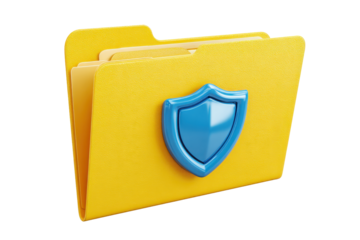 Yellow file folder with a blue shield emblem attached, sturdy tab edge, subtle thickness detail, and clear document protection symbolism isolated on transparent background.
