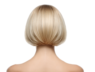 Back of a woman’s head with a short blonde bob hairstyle, smooth straight hair texture, clean neckline silhouette, and neatly trimmed ends isolated on transparent background.
