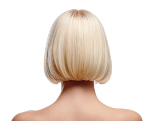 Naklejka premium Back of a woman’s head with a short blonde bob hairstyle, smooth straight hair texture, clean neckline silhouette, and neatly trimmed ends isolated on transparent background. 