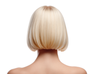 Back of a woman’s head with a short blonde bob hairstyle, smooth straight hair texture, clean neckline silhouette, and neatly trimmed ends isolated on transparent background.
