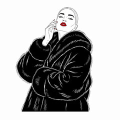 Silhouette woman in black fur coat posing