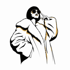 Posing woman in white coat black sunglasses