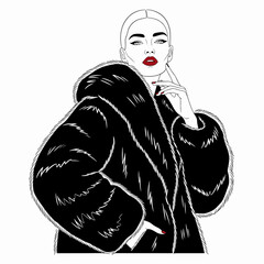 Black outline woman in fur coat illustration