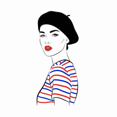 Side profile woman with beret striped top
