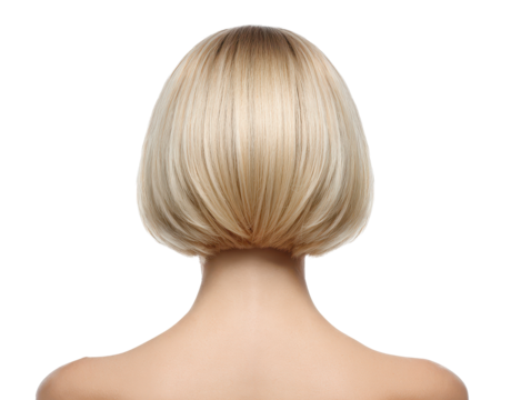 Back of a woman’s head with a short blonde bob hairstyle, smooth straight hair texture, clean neckline silhouette, and neatly trimmed ends isolated on transparent background.
 - Powered by Adobe