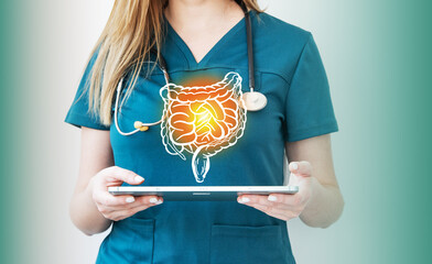 Gastroenterolog female doctor examine patient intestines functions on virtual interface. Medical technology and healthcare treatment to diagnose intestines disorder and disease. Copy space.