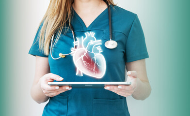 Doctor with stethoscope  examine patient heart functions and blood vessel on virtual interface. Medical technology and healthcare treatment to diagnose heart disorder and dis