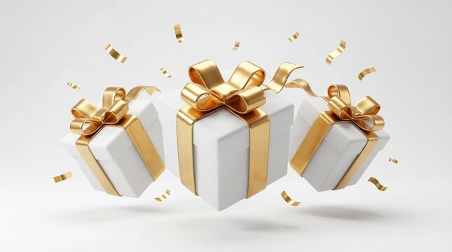 Levitating white gift boxes with gold ribbons and falling confetti on white background 3d rendering