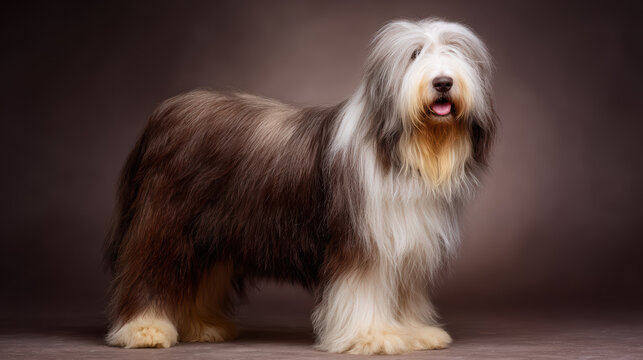 Long-haired dog with tongue out, full-body portrait
