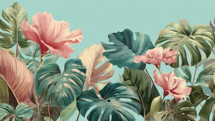 Lush tropical botanical pattern illustration. Vintage exotic jungle leaves, pink flowers, and teal Monstera foliage on a mint background.