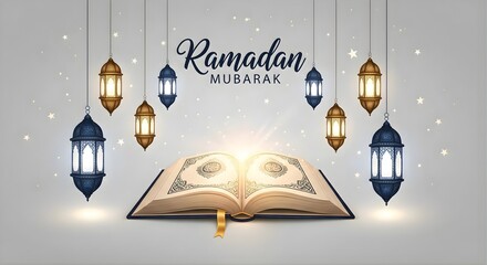 Open holy book resting below hanging illuminated lanterns with calligraphy text ramadan mubarak and sparkling stars background
