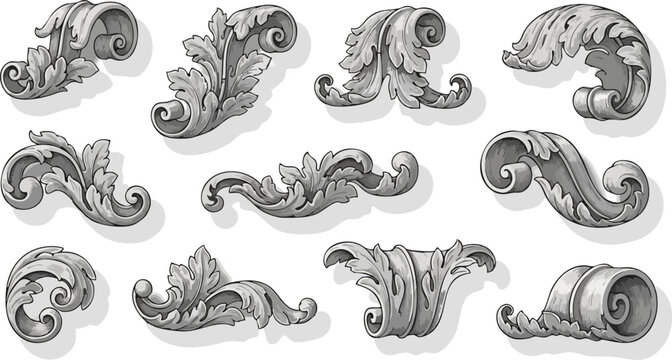 Collection of detailed baroque acanthus leaf scroll ornaments elegantly illustrating classic architectural decoration on white background