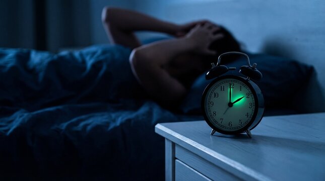 Black alarm clock on bedside table with sleepless woman suffering from insomnia in background at night