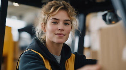 A trained operator maneuvers a forklift, carefully loading boxes onto a truck at a distribution center, representing logistics coordination and material handling. cinematic color correction,
