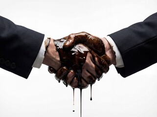 Two businessmen in suits shaking hands that are covered in dripping black crude oil, symbolizing corruption and dirty corporate deals.