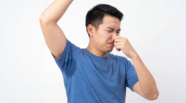 Asian man pinching nose due to bad smell from armpit sweat stain on blue shirt isolated on white background
