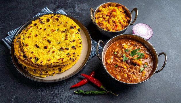 Madhya Pradesh Bhutte ki Roti with Curry. Traditional Indian Food