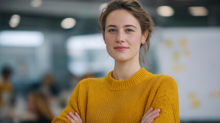 A young woman stands confidently in front of a whiteboard, presenting innovative ideas to her team, as they listen intently and take notes during a dynamic problem-solving session at work.