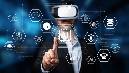 Person Using Virtual Reality Headset Touching Digital Interface with AI Symbols, Data Charts, and Technology Icons in Futuristic Environment Gluon.