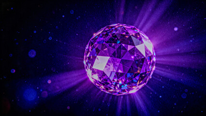 Glowing purple faceted crystal orb radiates mystical energy in a dark digital environment, creating a luminous, magical, and futuristic abstract scene.