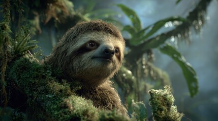 Obraz premium Sloth peeking out from lush green foliage