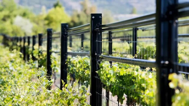 Medium shot of sturdy metal fencing panels protecting a thriving vineyard emphasizing durability and modern design
