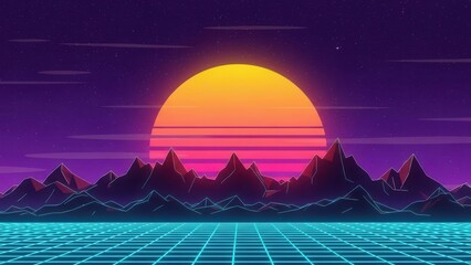 Retro 80s synthwave landscape with neon sun mountains and perspective grid