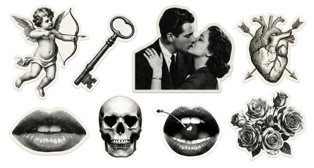 Black and white vintage romance sticker set featuring kissing couple, cupid, anatomical heart, roses, lips, skull, and key. Gothic love collage isolated on transparent background. © Lilith_Saly