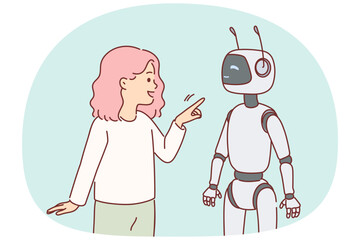 Robot nanny near little girl playing with cyborg and considering bot best friend