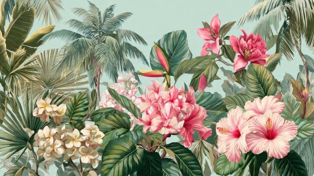Exotic Tropical Jungle Illustration. Lush botanical wallpaper with pink Hibiscus, Plumeria, Rhododendron-like flowers, and vibrant green palm leaves against a soft aqua background.