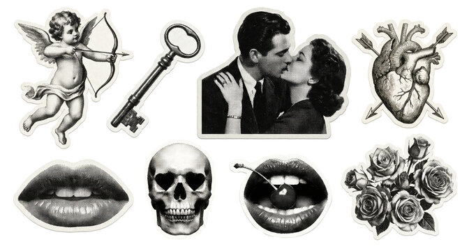 Black and white vintage romance sticker set featuring kissing couple, cupid, anatomical heart, roses, lips, skull, and key. Gothic love collage isolated on transparent background.