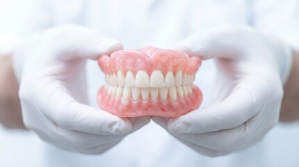 Dentist hands in white gloves holding full set of acrylic dentures isolated on white background