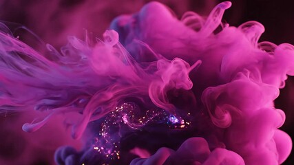 Mesmerizing vibrant pink and purple ink swirls gracefully dissolving in clear water creating an ethereal and dynamic abstract background with organic fluid shapes and shimmering particles perfect for.