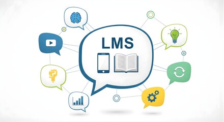 Learning management system concept with icons for video, ideas, goals, growth, and learning resources connected to central LMS text and icons for phone and book, e learning communication network