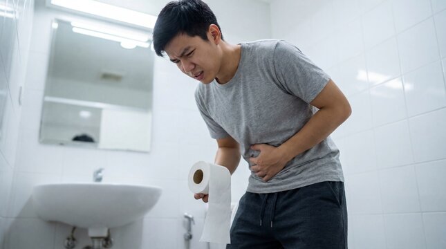 Young Asian man holding stomach having diarrhea pain and toilet paper roll in bright bathroom