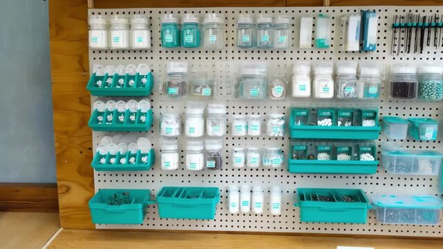View of pegboard mounted on a workshop wall with hooks and containers showcasing versatile and customizable tool arrangement.