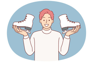 Man holds pair of ice skates in hands, inviting you to sign up for figure skating or hockey courses
