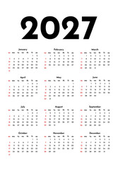 Calendar for 2027 isolated on a white background