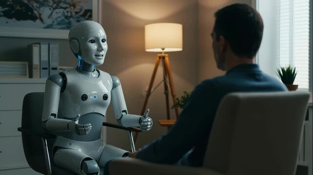 Humanoid robot psychologist talking to man in comfortable living room near lamp, white robot offering social support to person. Concept of future social interaction and household automation