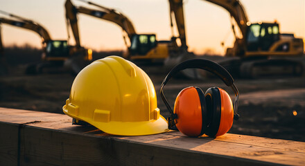 Yellow hard hat and orange ear muffs on wooden plank at construction site with excavators at sunset industrial safety equipment for hearing protection and head security on workplace ground background