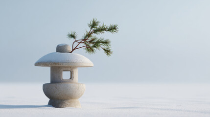 Serene winter scene with traditional stone lantern and snow-covered pine