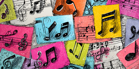 Hand drawn music notes and punk doodles on torn scrapbook paper collage creative abstract style